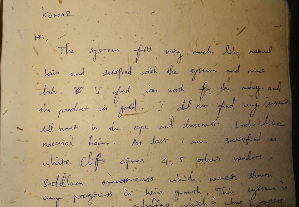 Handwritten testimonial from Kumar