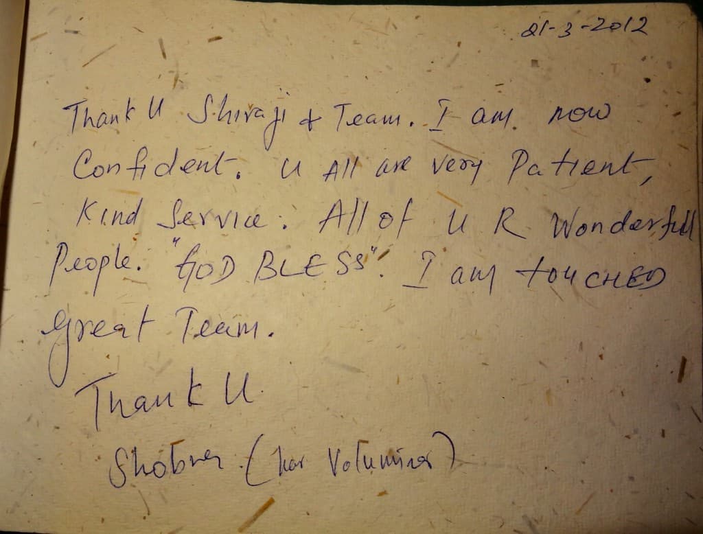 Handwritten testimonial from Shobna